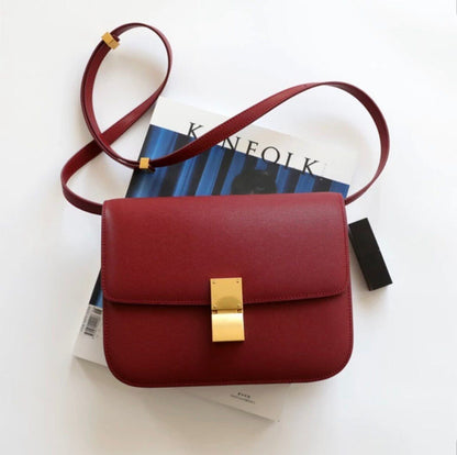 Classic Genuine Cow Leather Flap Crossbody Bag Box Shoulder Purse Flap Green Red