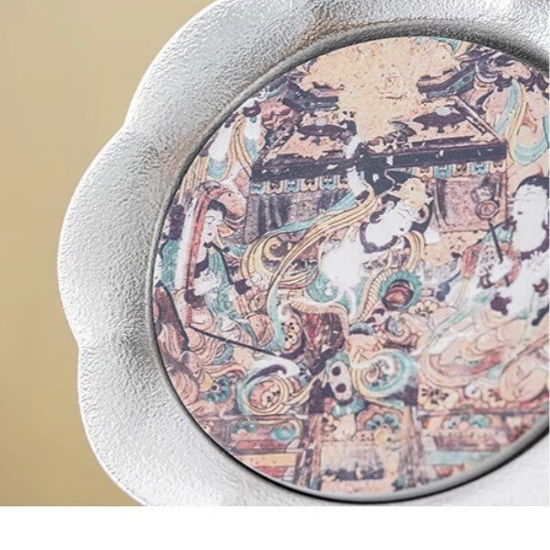 Tea Set Pot With Holder Matching Tea Cup Dunhuang Frescoes Print Silver Ceramic