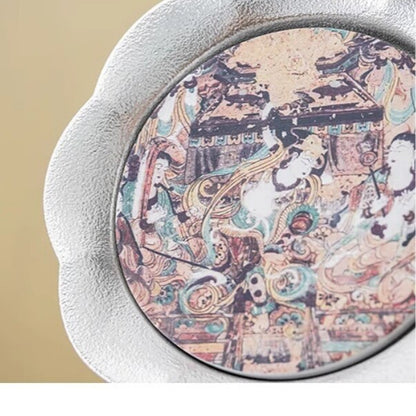 Tea Set Pot With Holder Matching Tea Cup Dunhuang Frescoes Print Silver Ceramic