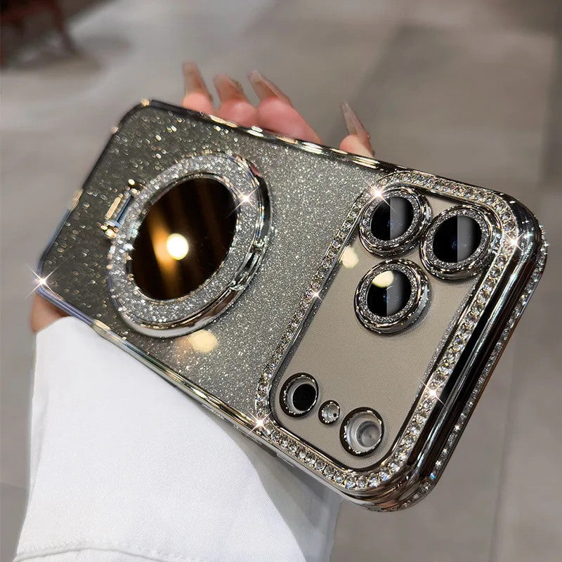 IPhone17 Magnetic Glitter Mobile Phone Case Rhinestone Mirror Invisible Bracket