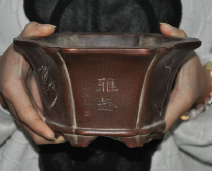 7" Chinese yixing zisha pottery calligraphy orchid flower pot Bonsai Potted pots