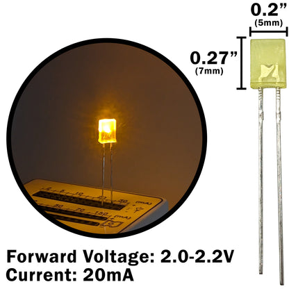 10 Pack Yellow Rectangular LEDs, Diffused Lens (5mm x 2mm x 7mm)