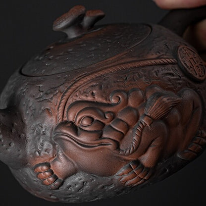 Purple Pottery Teapot Toad Mascot Carved Handmade Pot Marked Ball Shaped Infuser