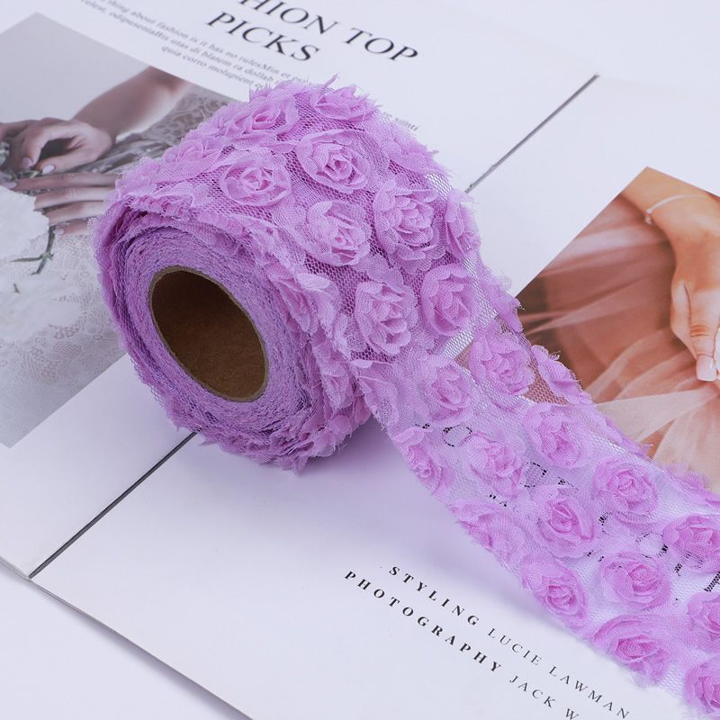 Party Decoration 5Yards DIY Rose Lace Fabric 3D Chiffon Flower Embroidered Decor