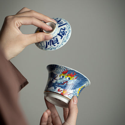 Chinese Tea Set Porcelain Gaiwan Tea Cup Plate Dragon Print Ceramic Tureen China