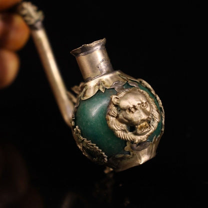 White Copper Jade Tobacco Pipe Ornament Dragon Phoenix Pattern Decor Only