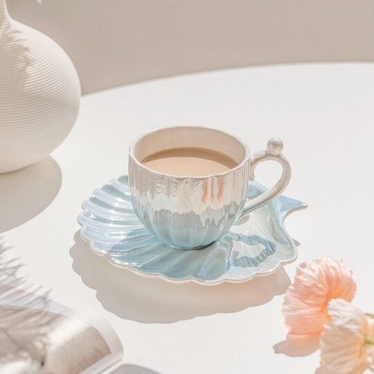 Ceramic Pearl Shell Cup with Dish Bright Coffee Cup for Girl
