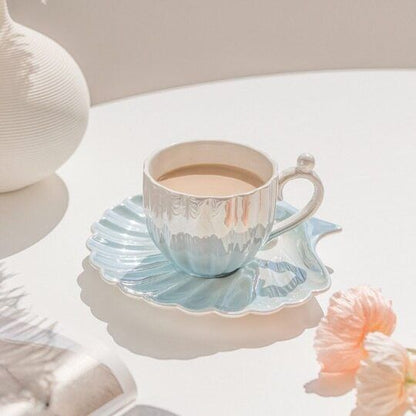Ceramic Pearl Shell Cup with Dish Bright Coffee Cup for Girl