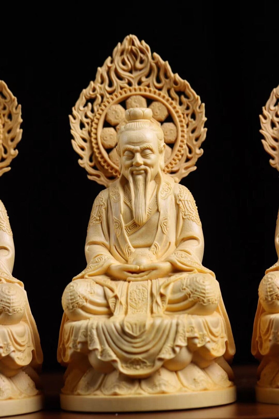 1Set 3Pcs Cypress Boxwood Wood Hand Carved Taoist Sanqing Statue