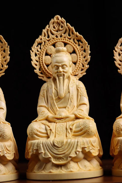 1Set 3Pcs Cypress Boxwood Wood Hand Carved Taoist Sanqing Statue