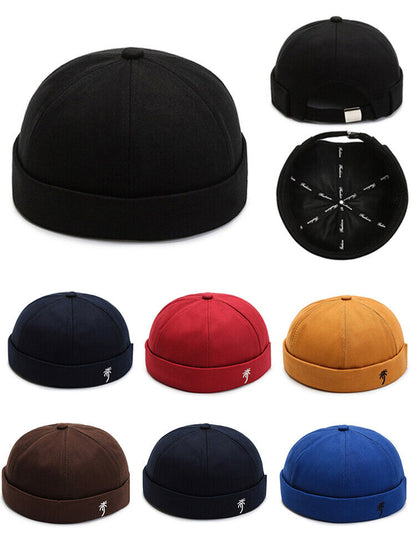 Men Retro Brimless Hat Skull cap Sailor Cap Beanie Rolled Cuff Adjustable