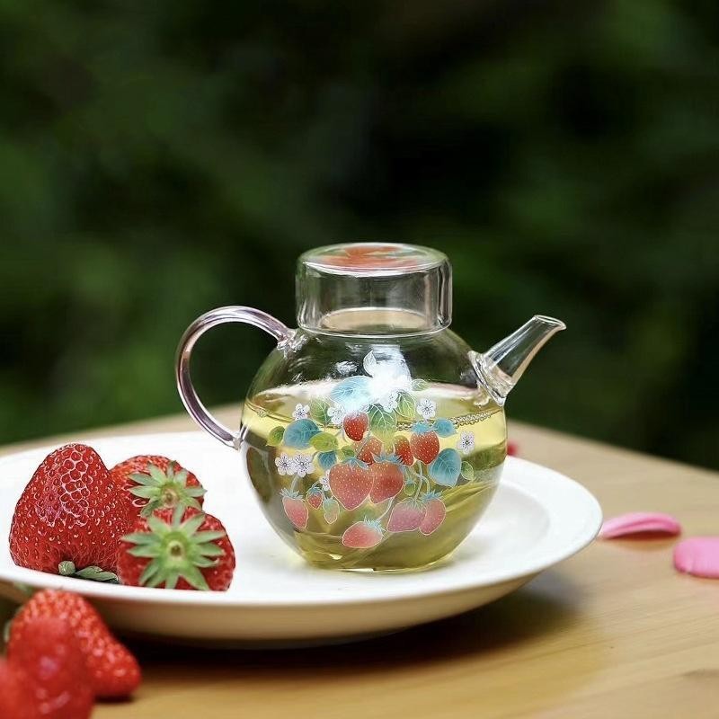 Hand-printed Strawberry Round Ball Glass Kettle Hand Pot Tea Maker Tea Infuser