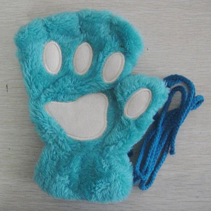 Women Fingerless Gloves Plush Fluffy Cat Paw Claw Panda Mittens Warm Winter Wear