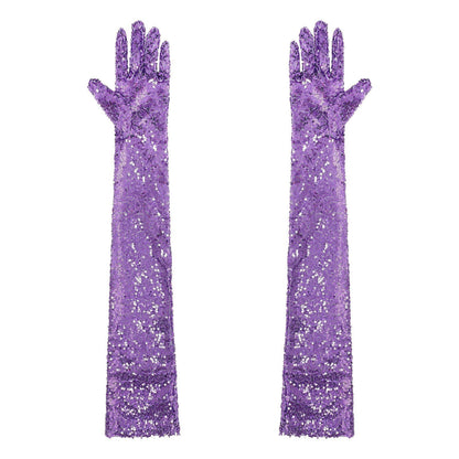 Women Gloves Vintage Shiny Sequin Finger Elbow Length Long Mittens Opera Costume