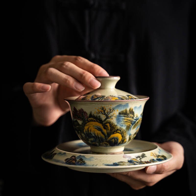 Colorful Ceramic Opening Gaiwan For Tea Landscape Tureen Teaware Set Chinese