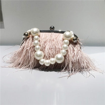 Small Feather Handbag Party Purse Elegant White Pearl Chain Shoulder Bag 22*20*4