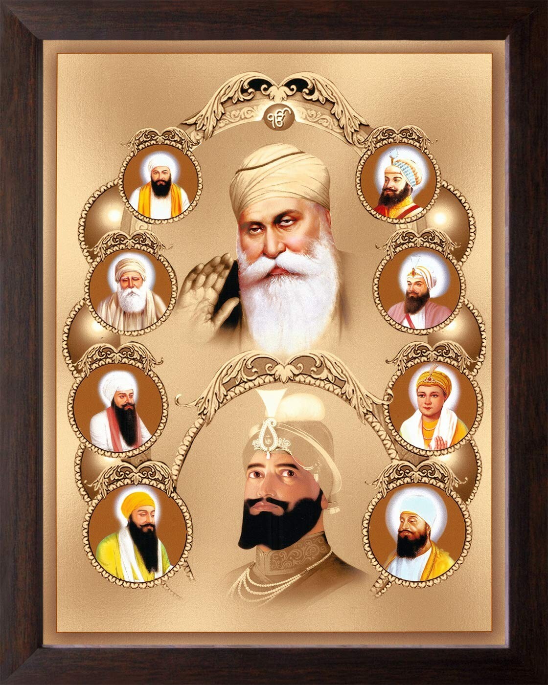Lord All Ten Sikh Gurus Painting HD Printed Religious Picture Wooden Frame
