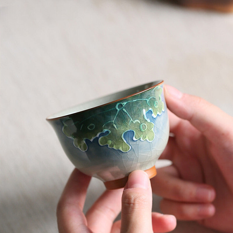 1Pc Chinese Tradition Handmade Ice-cracking Glaze Lotus Pattern Tea Bowl Teacup