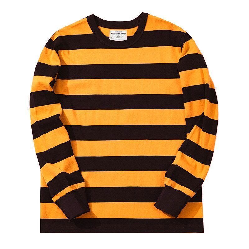 280g Heavyweight Cotton Striped Long Sleeve T-Shirt Men Autumn Navy Thick Tops