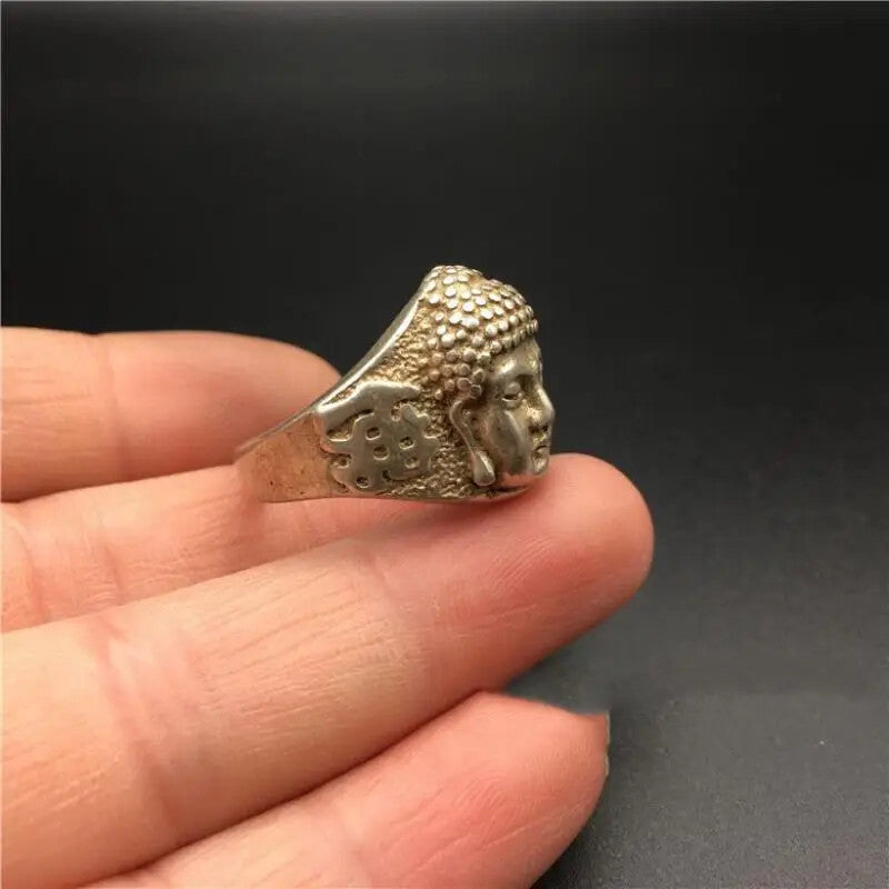 Old Chinese Miao Silver Shakyamuni Amitabha Buddha Head Ring Buddhism Statue