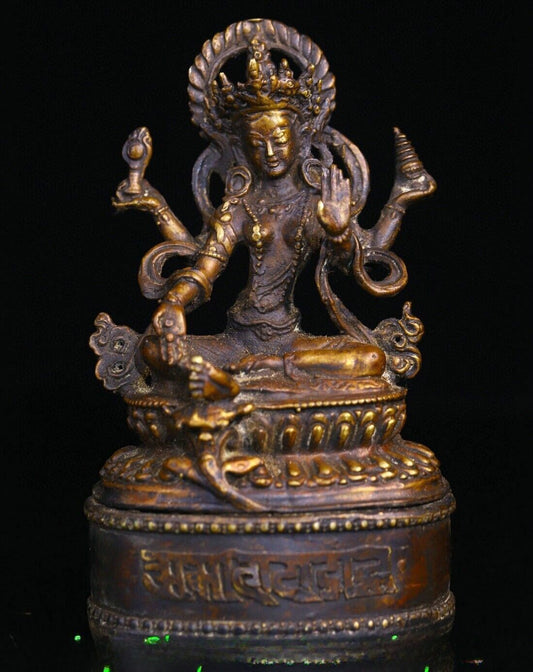 5.1'' Old Tibet Bronze 4 Arms Kwan-yin GuanYin Chenrezig Buddha Goddess Statue