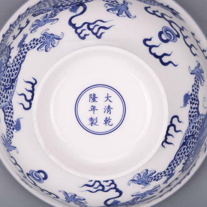 6.1 inch Chinese Qing Qianlong Blue and White Two Dragons Design Porcelain Bowl