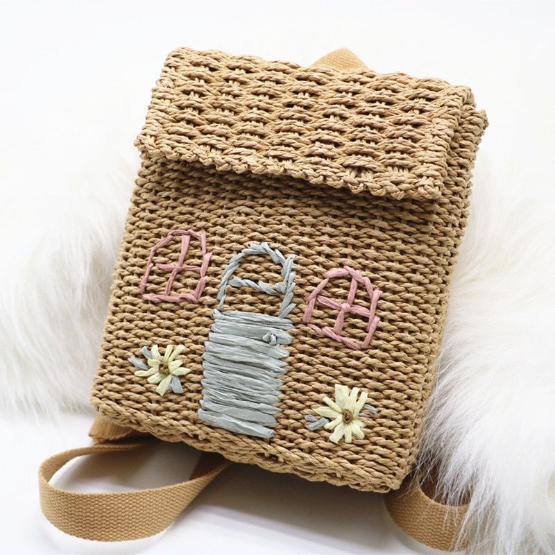 Straw Woven Bag Backpack 20-35L Hasp Polyester Brown Purse Retractable Traveling