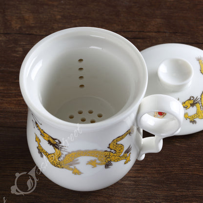 300ml Dragon Ceramic White Porcelain Tea Infuser Mug with Lid Mug Cup-