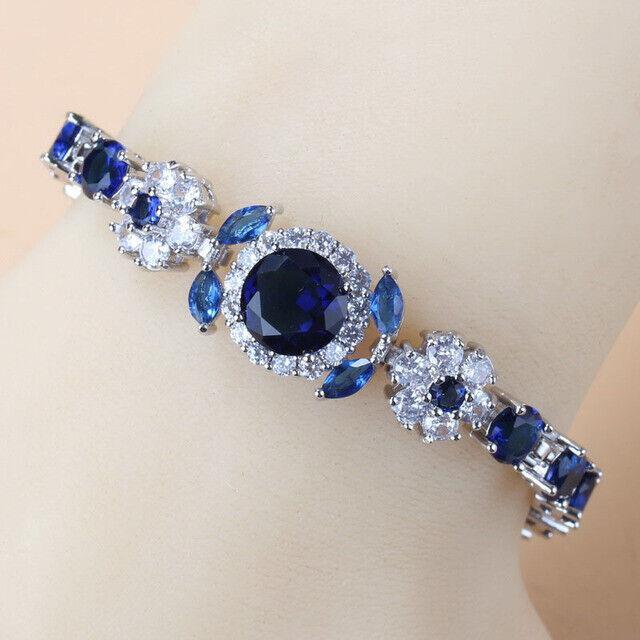 Blue Sapphire White Topaz 925 Sterling Silver Tennis Gemstone Bracelet Jewelry