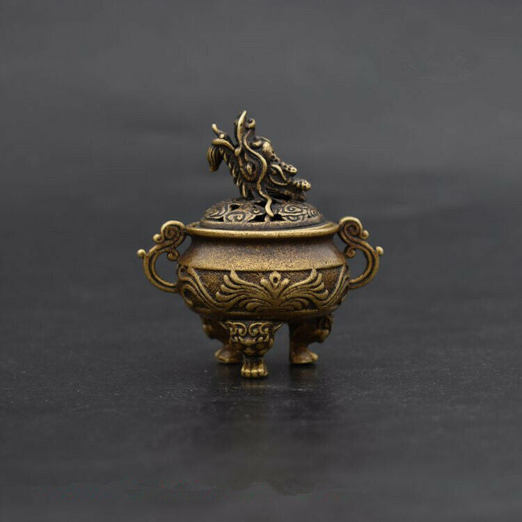 Chinese Pure Bronze Copper Foo Dog Lion Dragon Head Incense Burners Censer