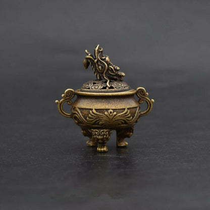 Chinese Pure Bronze Copper Foo Dog Lion Dragon Head Incense Burners Censer