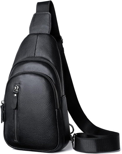 Mens Sling Bag Small Genuine Leather Chest Shoulder B-black-genuine