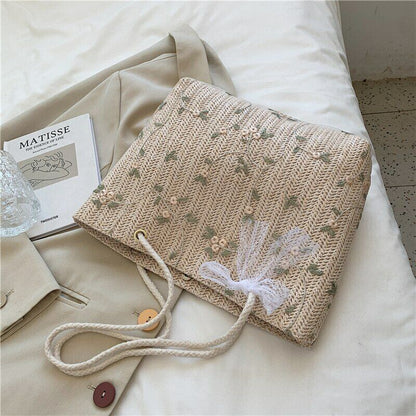Women Shoulder Bag Large Capacity Female Handbag Simple Casual Straw Woven Style