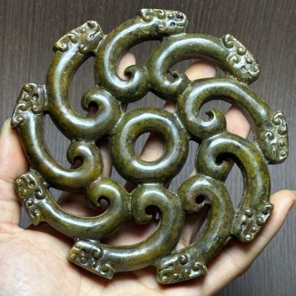 Xiuyu Jade Bi Pendant Nine Dragon Carving Old Jade Collectible Ornament