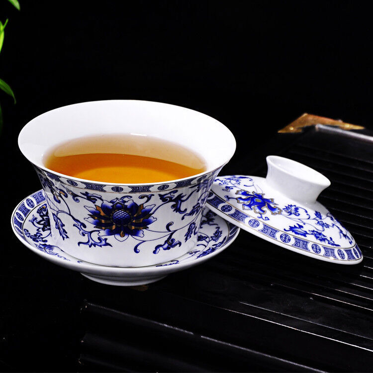 300ml Ceramic Tureen Bone China Tea Bowl Cup Blue-and-white Porcelain Gaiwan Cup
