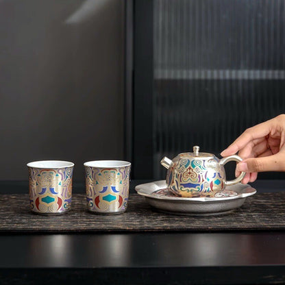 Tea Set Pot With Holder Matching Tea Cup Dunhuang Frescoes Print Silver Ceramic
