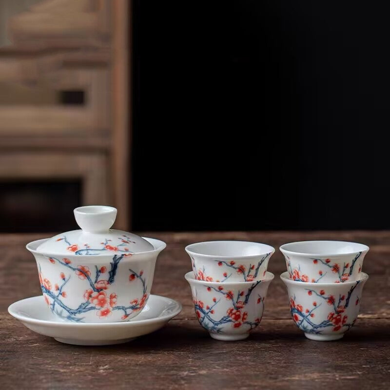 Jingdezhen Ceramic Gaiwan Mutton Jade Porcelain Tureen Matching Tea Cup Pitcher