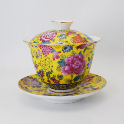 Tea Set Ceramic Gaiwan Floral Tea Cup Lid Saucer Tea Bowl Cup Chinese Porcelain