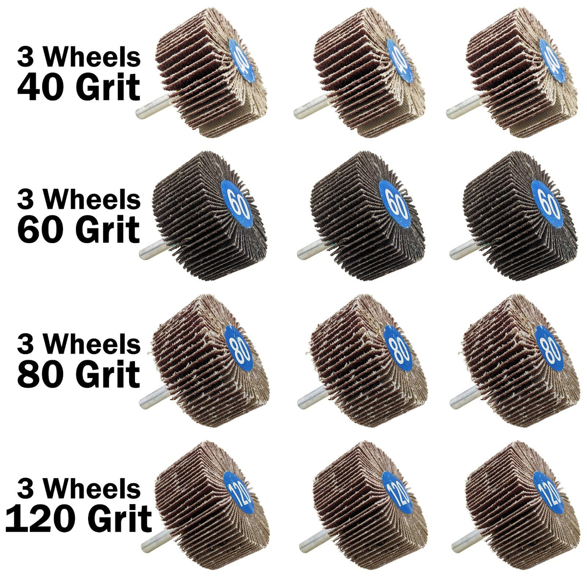 12 Pack ¼" Shank Flap Wheel Assortment, Includes 40, 60, 80, & 120 Grit 2"×1"×¼"