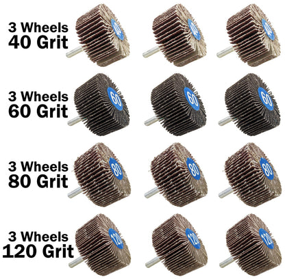 12 Pack ¼" Shank Flap Wheel Assortment, Includes 40, 60, 80, & 120 Grit 2"×1"×¼"