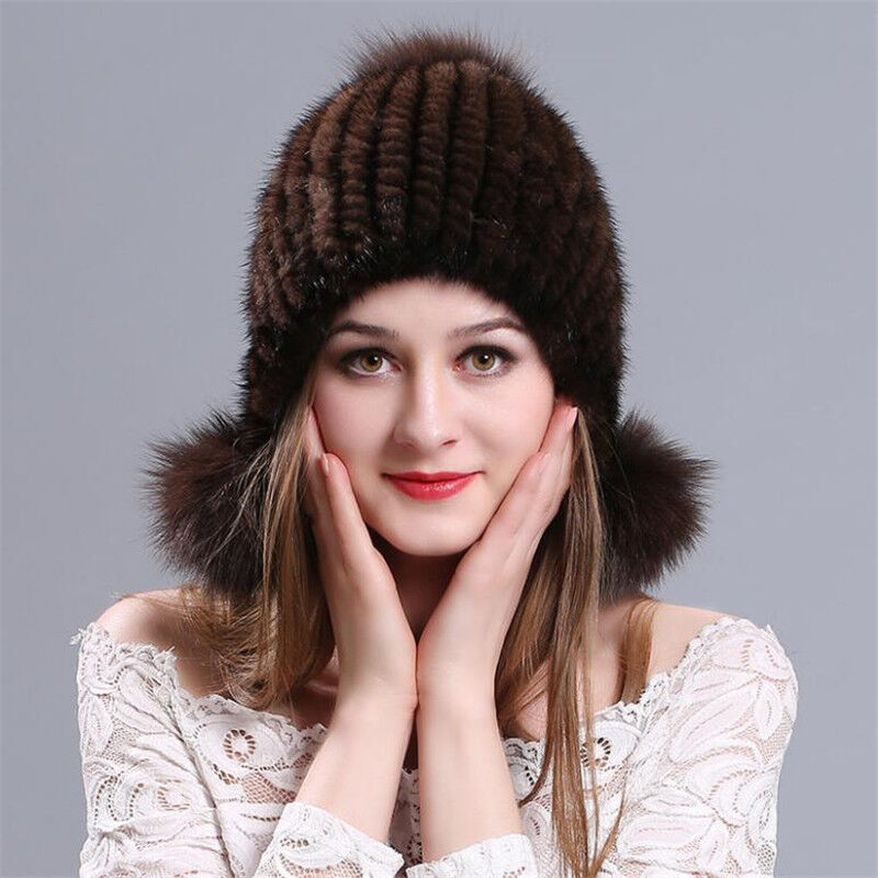 Winter Graceful Women Mink Fur Hats Real Knitted Fur Caps with Fox Fur Earflaps