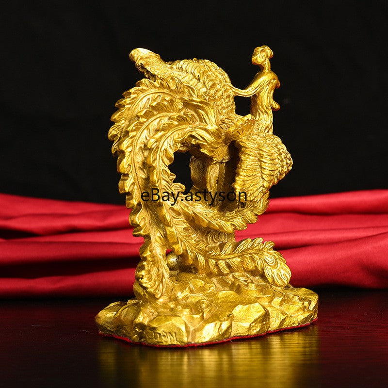 5" Old China Dynasty Bronze Gilt Fengshui Dragon Beast Phoenix Bird Statue Pair