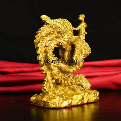 5" Old China Dynasty Bronze Gilt Fengshui Dragon Beast Phoenix Bird Statue Pair