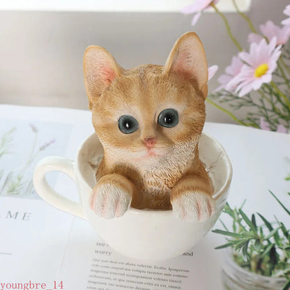Creative Tea Cup Cat Ornaments Lovely Kitten Resin Room Desktop Decoration