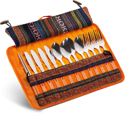 Stainless Steel Family Utensil Set with Travel Case for Camping Hiking 13 Pieces