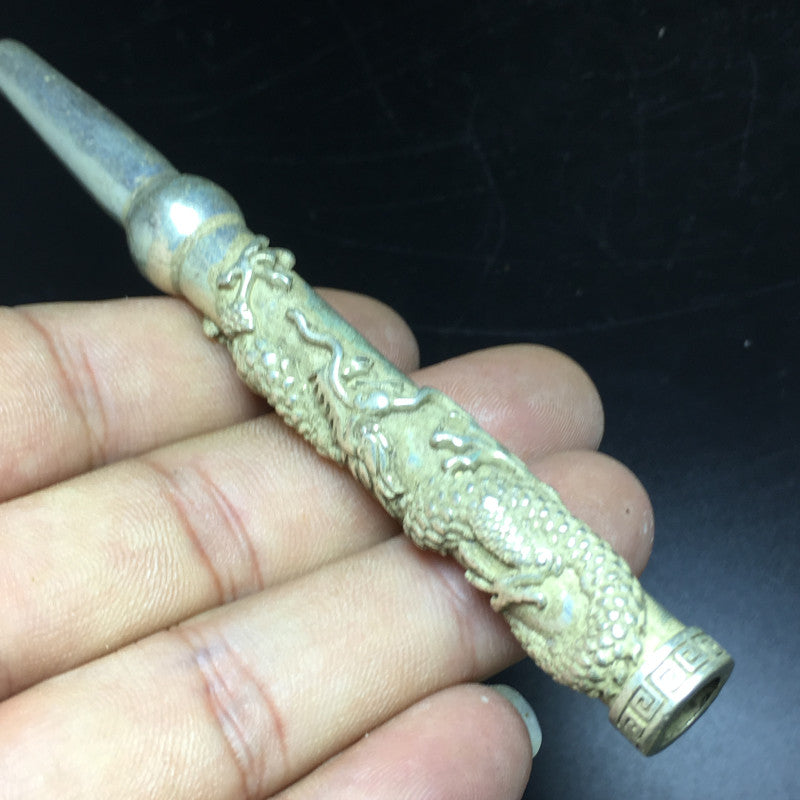 Tibetan Silver copper Dragon Head pipe Smoking Tool Statue Sacred Tobacco rod