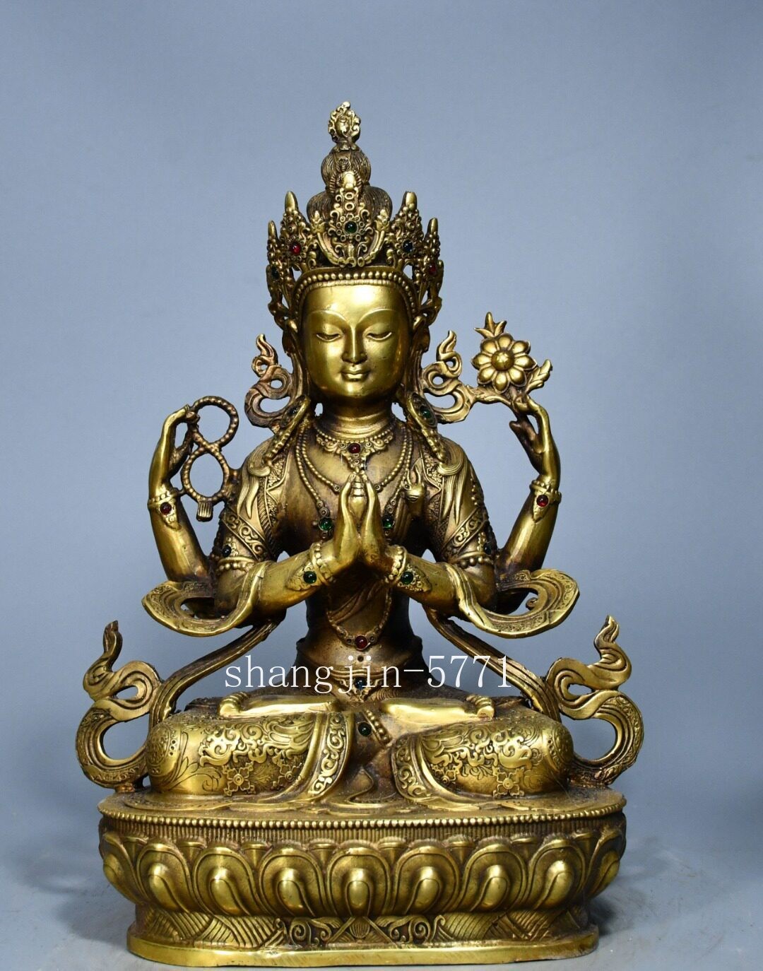 8.4"old Xizang Buddhism Temple Bronze Four Arms Chenrezig Buddha Statue