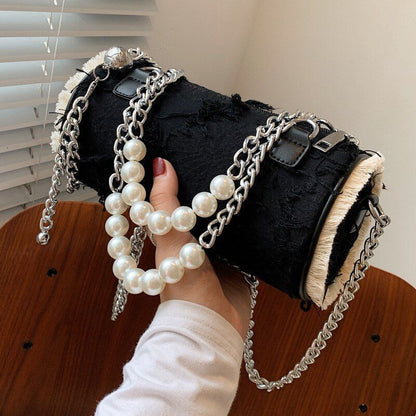 Pearl Chain Shoulder Bag Handbag Messenger Hand Cylinder Bag Purse 21*10*10 CM