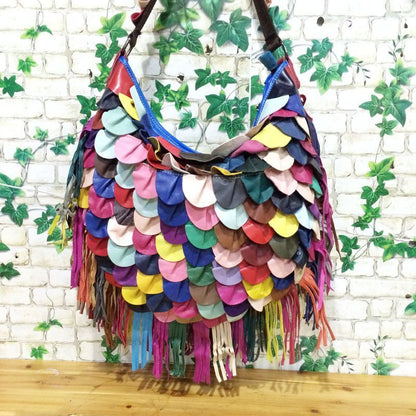 Multicolor Genuine Leather Tassel Bag One Shoulder Bags Beach Purse 33*10*33 Cm