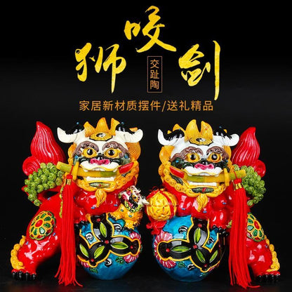 Pair of Colorful Jiao Zhi Pottery Fu Lion Statues 7cm Home Decor
